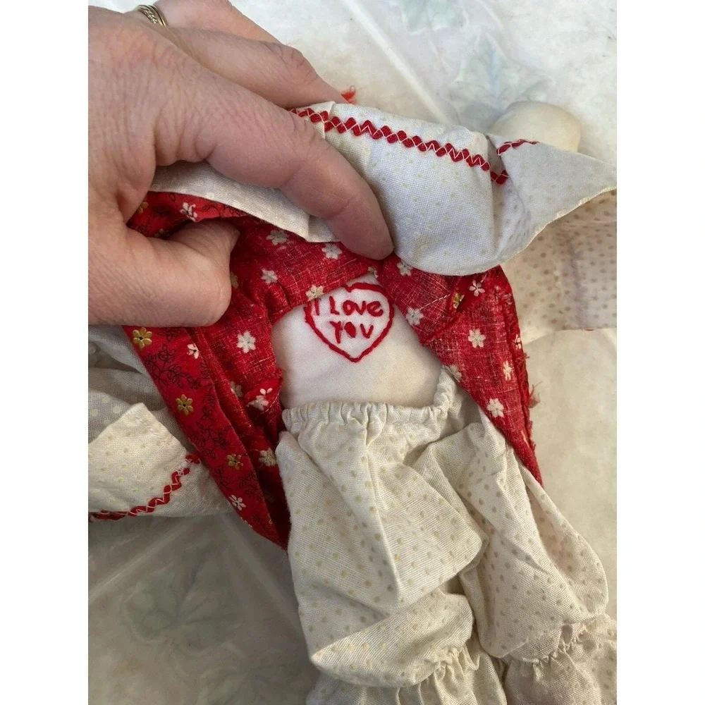 Raggedy Ann Doll Vintage 1970s Handmade Embroidered Face Red Heart Dress 11